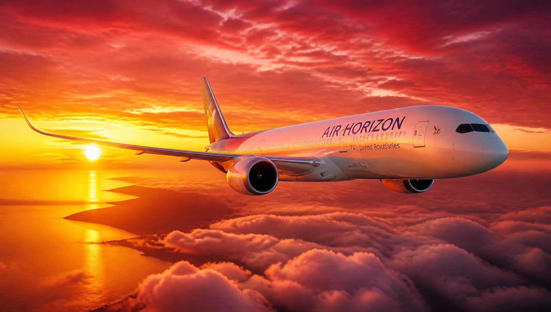 Aircraft climbing above sunset clouds